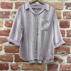 Chicos FreshChic Top Womens 12/14 Purple 100% Linen Striped Casual Career Shirt
